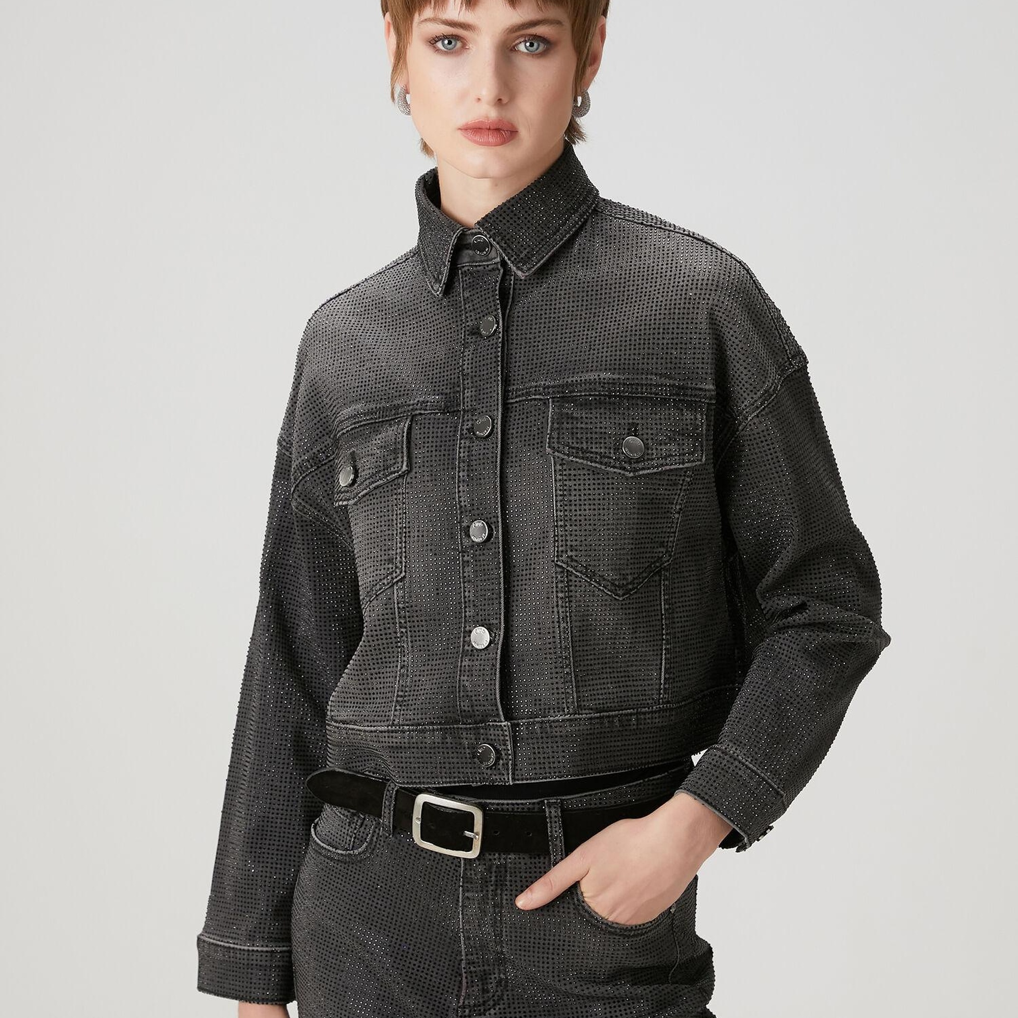 Beymen Club Kadın Koyu Gri Taşlı Denim Ceket