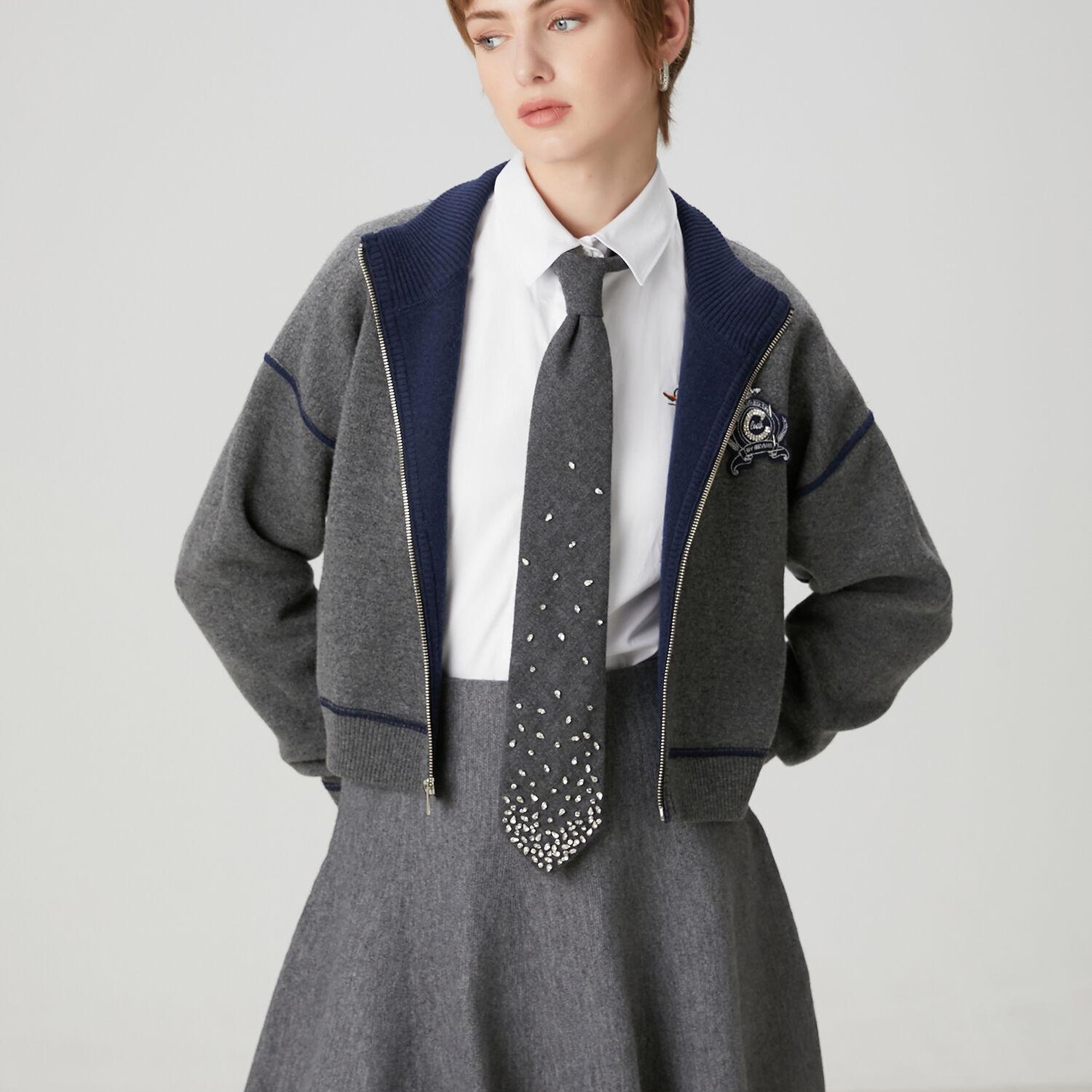 Beymen Club Kadın Gri Lacivert İşlemeli Logolu Hırka