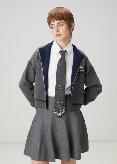  Beymen Club Kadın Gri Lacivert İşlemeli Logolu Hırka