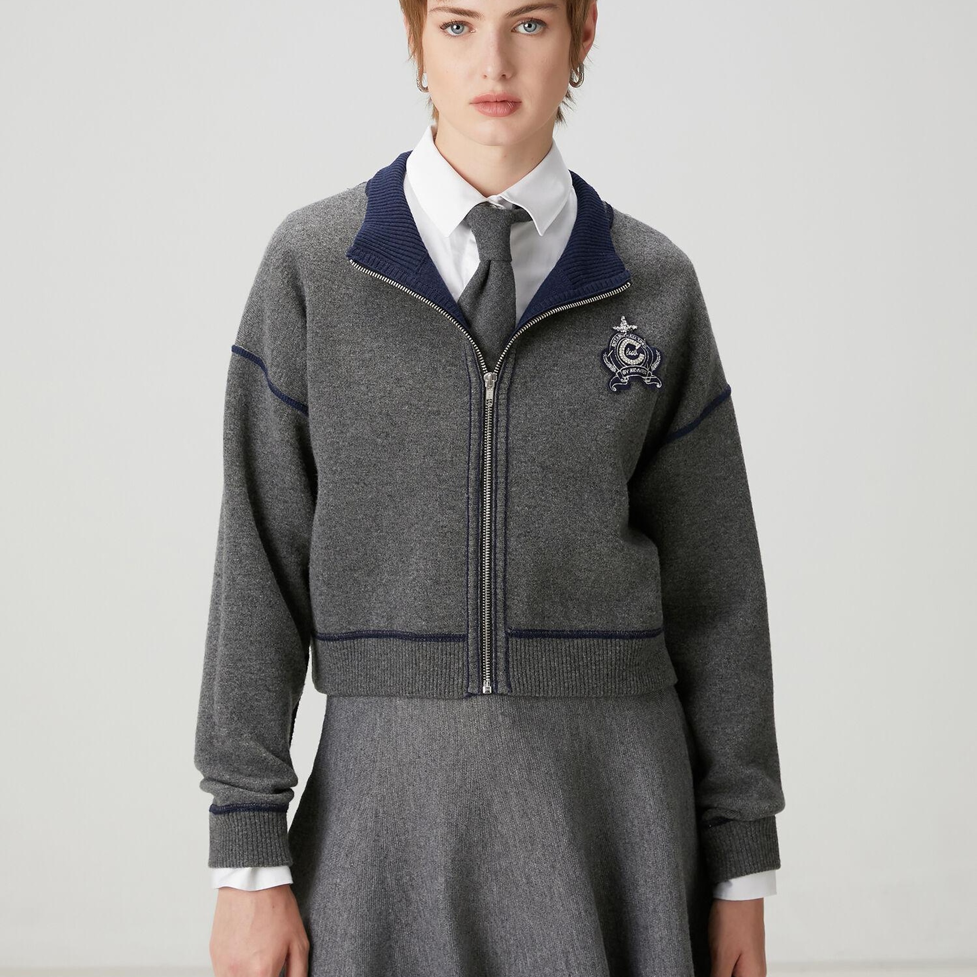 Beymen Club Kadın Gri Lacivert İşlemeli Logolu Hırka