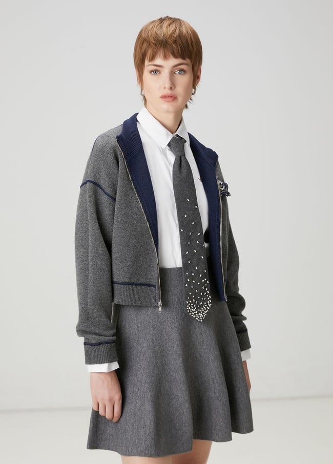  Beymen Club Kadın Gri Lacivert İşlemeli Logolu Hırka