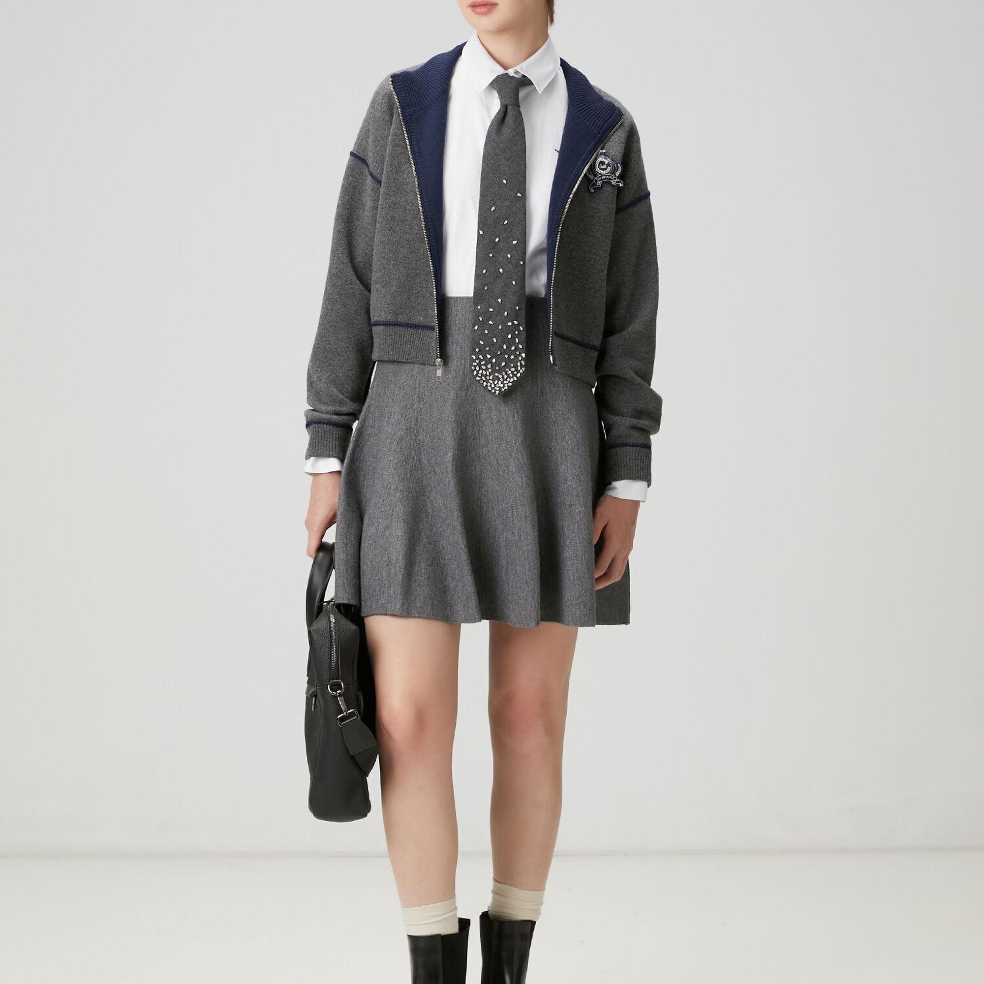 Beymen Club Kadın Gri Lacivert İşlemeli Logolu Hırka