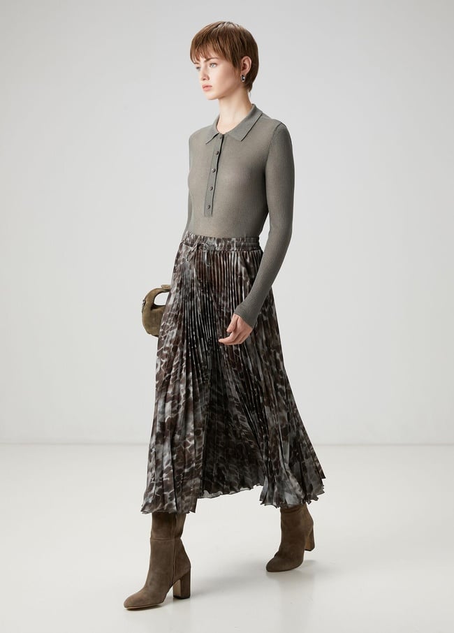  Beymen Club Kadın Kahverengi Desenli Pileli Midi Etek