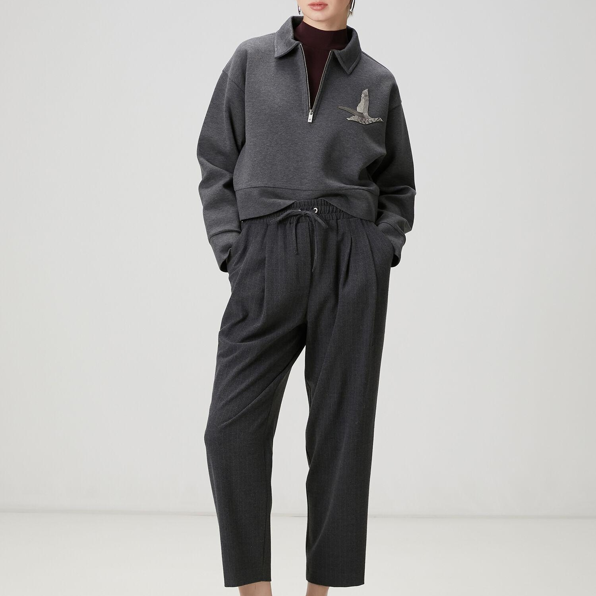 Beymen Club Kadın Koyu Gri Fermuarlı Polo Sweatshirt