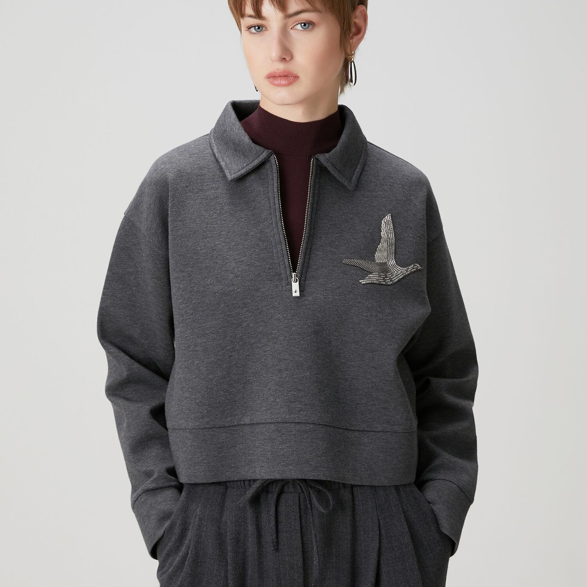 Beymen Club Kadın Koyu Gri Fermuarlı Polo Sweatshirt