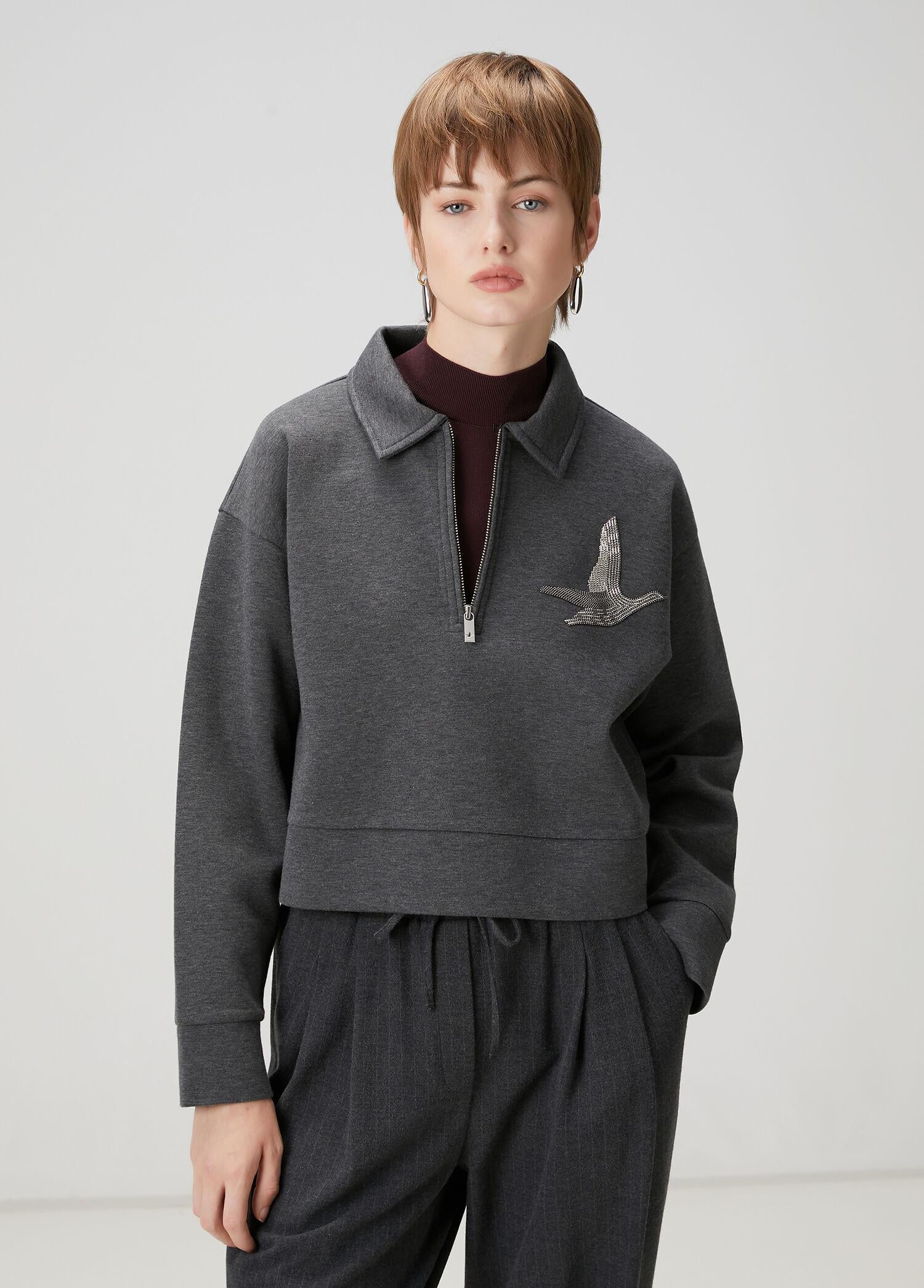  Beymen Club Kadın Koyu Gri Fermuarlı Polo Sweatshirt