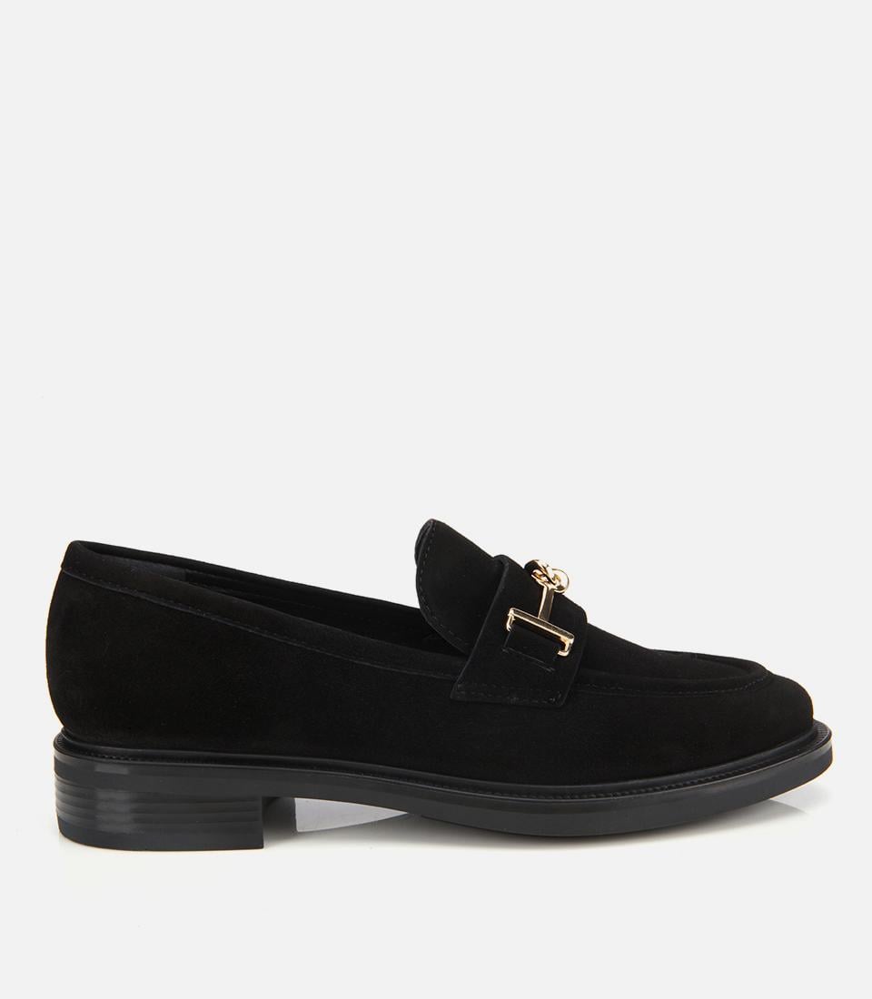  Kadın Süet Deri Siyah Tokalı Klasik Loafer