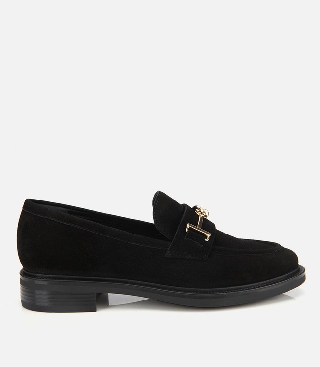  Kadın Süet Deri Siyah Tokalı Klasik Loafer