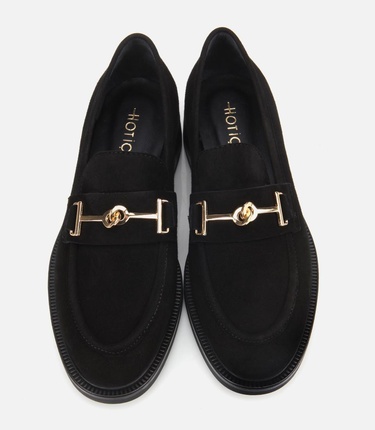  Kadın Süet Deri Siyah Tokalı Klasik Loafer