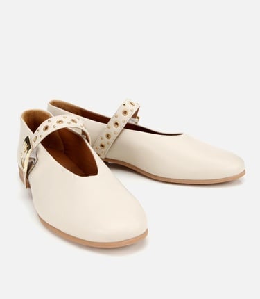  Kadın Deri Ekru Mary Jane Kemerli Babet