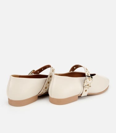  Kadın Deri Ekru Mary Jane Kemerli Babet