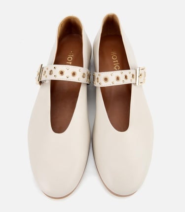  Kadın Deri Ekru Mary Jane Kemerli Babet