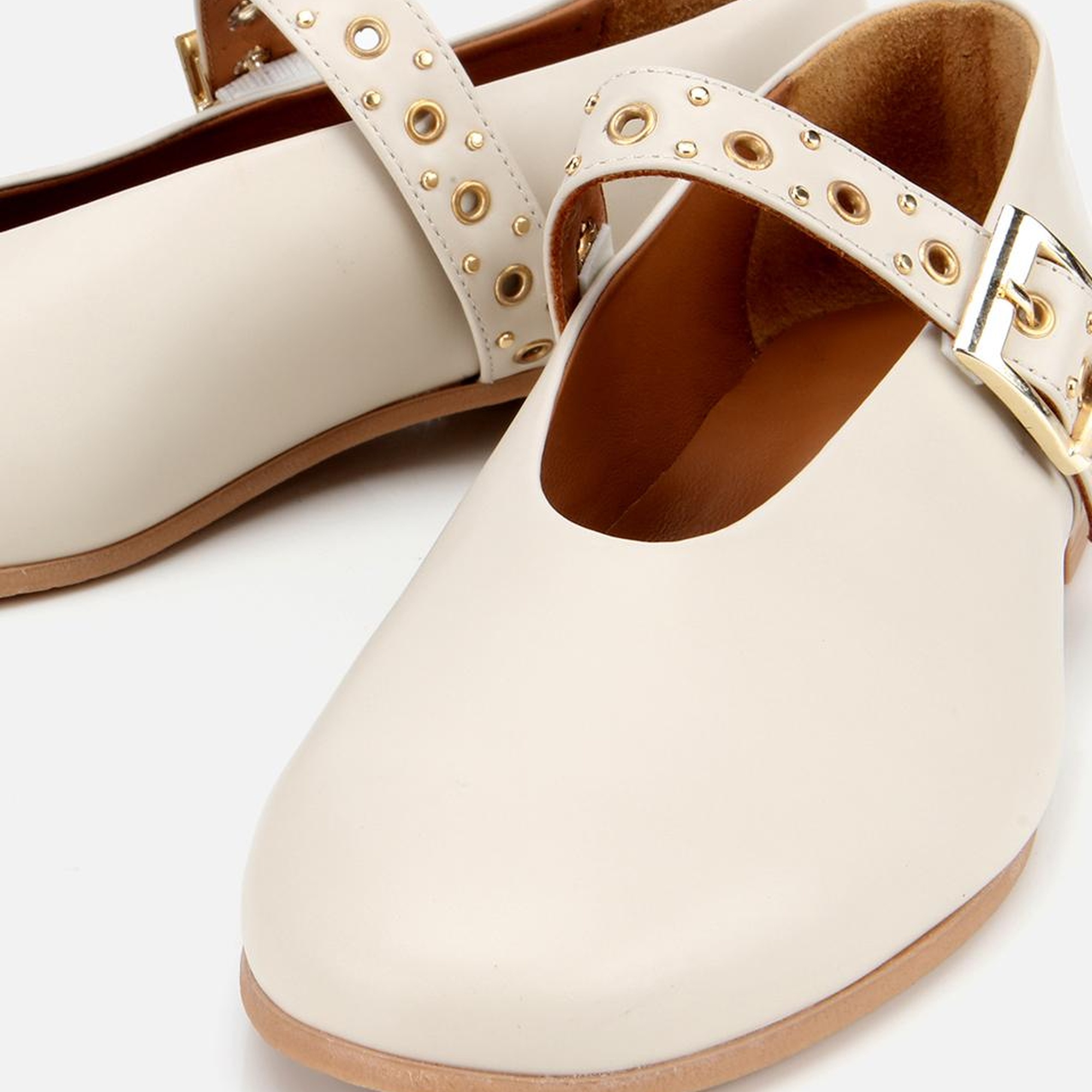 Kadın Deri Ekru Mary Jane Kemerli Babet