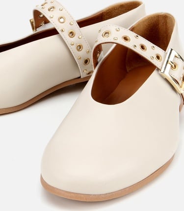  Kadın Deri Ekru Mary Jane Kemerli Babet