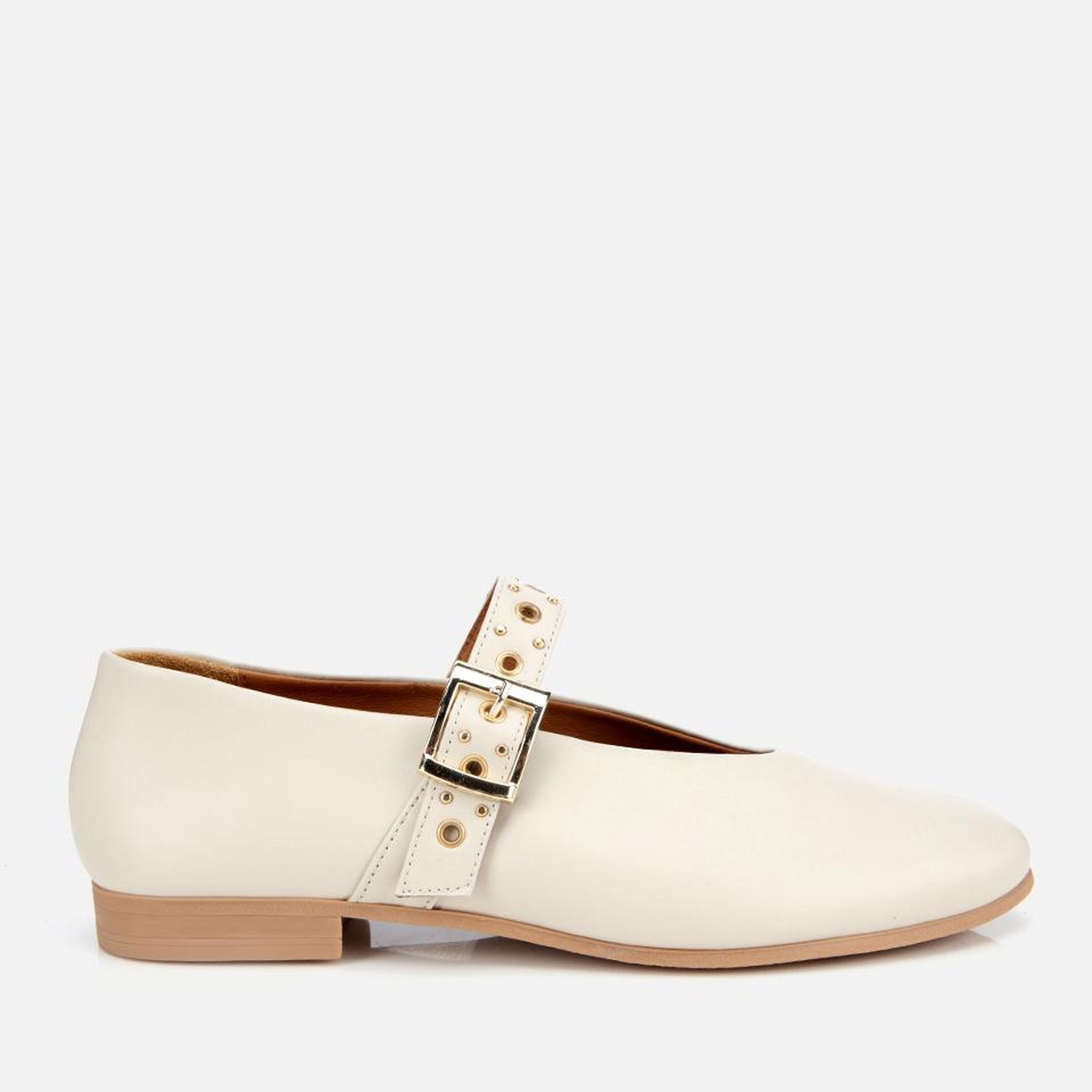 Kadın Deri Ekru Mary Jane Kemerli Babet