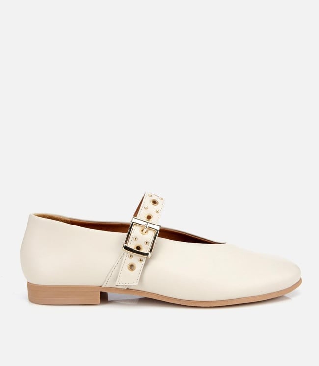  Kadın Deri Ekru Mary Jane Kemerli Babet