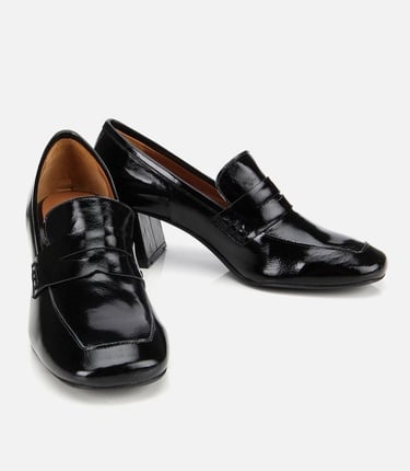  Kadın Rugan Deri Siyah Topuklu Klasik Loafer