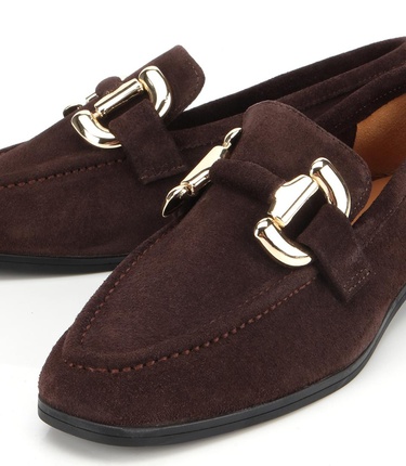  Kadın Süet Deri Kahverengi Tokalı Klasik Loafer