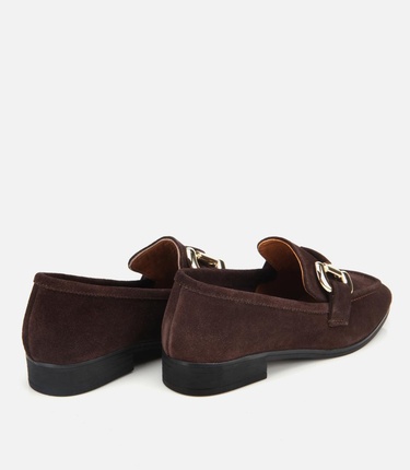  Kadın Süet Deri Kahverengi Tokalı Klasik Loafer