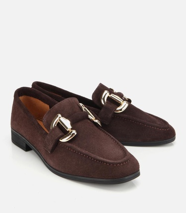  Kadın Süet Deri Kahverengi Tokalı Klasik Loafer