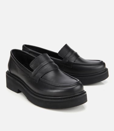  Kadın Deri Siyah Kalın Tabanlı Klasik Loafer
