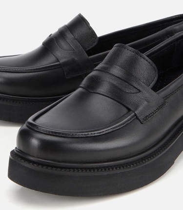  Kadın Deri Siyah Kalın Tabanlı Klasik Loafer