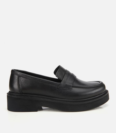  Kadın Deri Siyah Kalın Tabanlı Klasik Loafer
