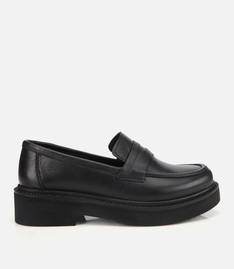  Kadın Deri Siyah Kalın Tabanlı Klasik Loafer