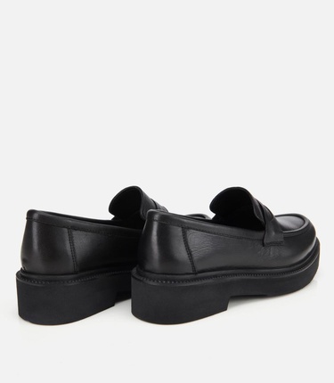  Kadın Deri Siyah Kalın Tabanlı Klasik Loafer