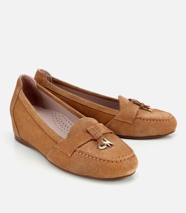  Kadın Süet Deri Taba Dolgu Topuklu Rahat Günlük Loafer