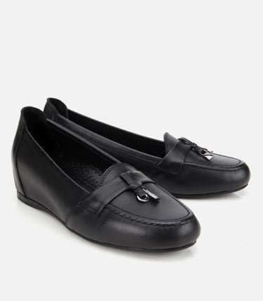  Kadın Deri Siyah Dolgu Topuklu Rahat Günlük Loafer