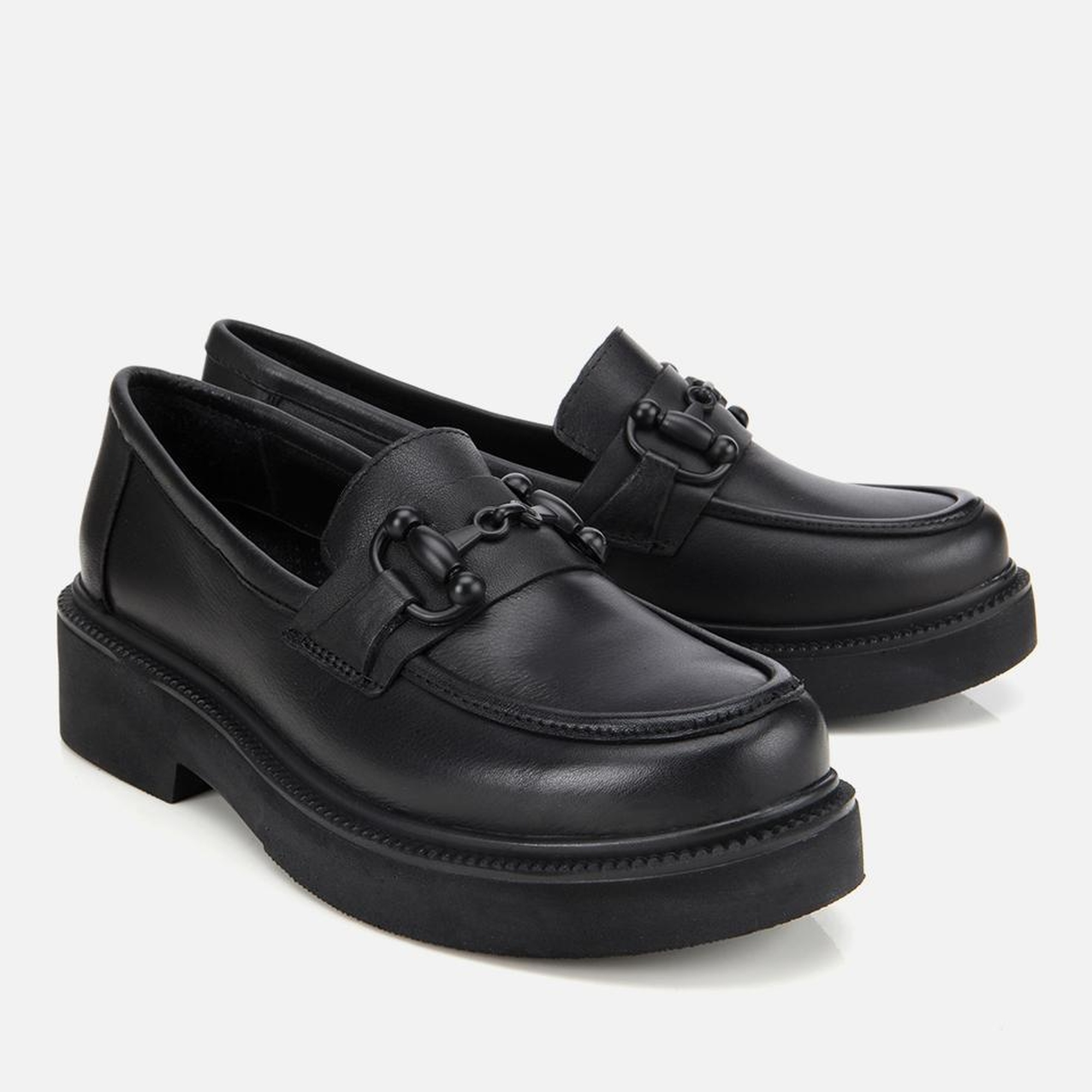 Kadın Deri Siyah Kalın Tabanlı Klasik Loafer