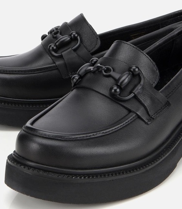  Kadın Deri Siyah Kalın Tabanlı Klasik Loafer