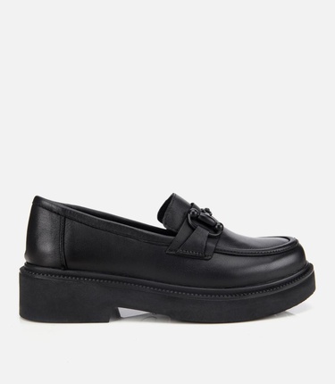  Kadın Deri Siyah Kalın Tabanlı Klasik Loafer