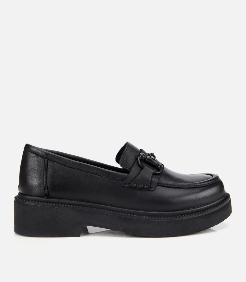  Kadın Deri Siyah Kalın Tabanlı Klasik Loafer
