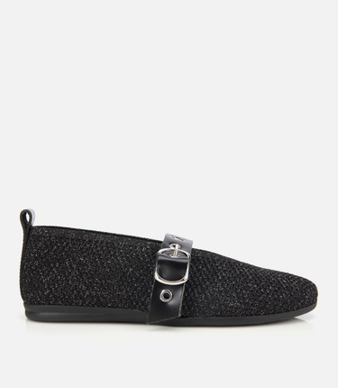  Kadın Siyah Örgü Detaylı Mary Jane Kemerli Babet