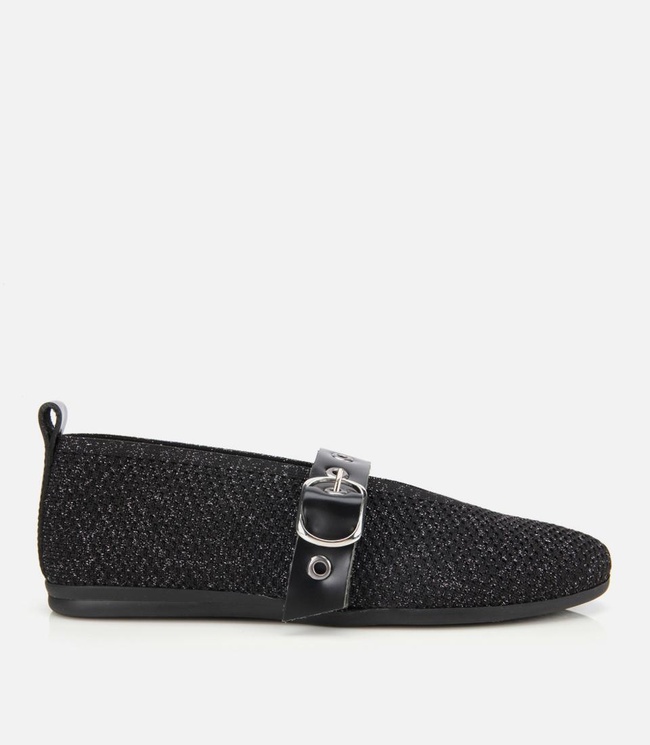  Kadın Siyah Örgü Detaylı Mary Jane Kemerli Babet