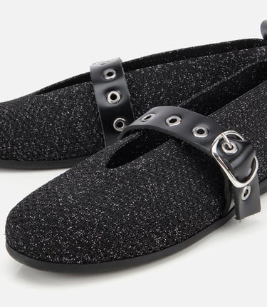  Kadın Siyah Örgü Detaylı Mary Jane Kemerli Babet