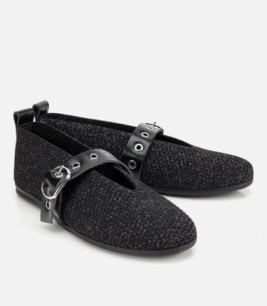  Kadın Siyah Örgü Detaylı Mary Jane Kemerli Babet