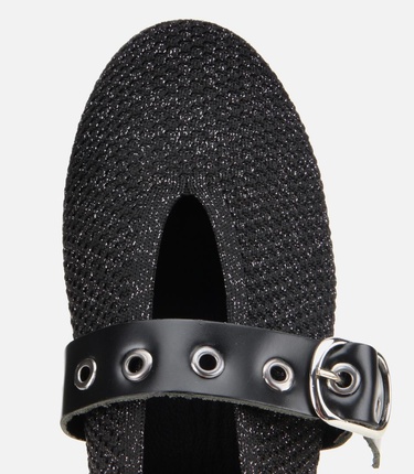  Kadın Siyah Örgü Detaylı Mary Jane Kemerli Babet