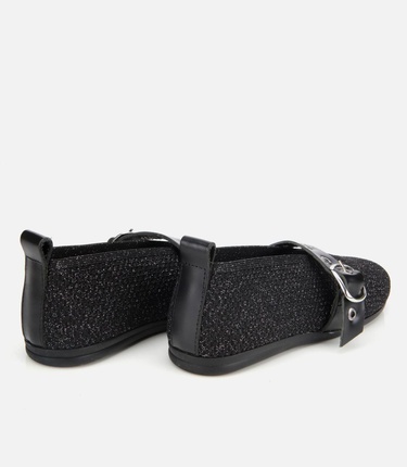  Kadın Siyah Örgü Detaylı Mary Jane Kemerli Babet