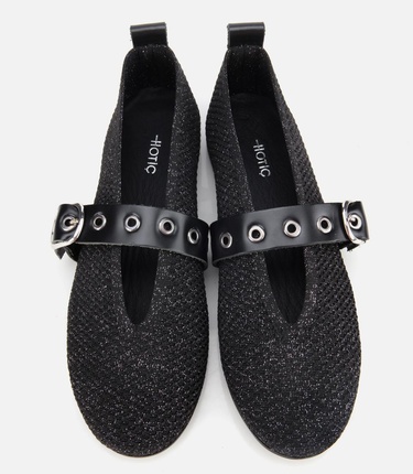  Kadın Siyah Örgü Detaylı Mary Jane Kemerli Babet