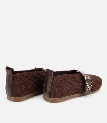  Kadın Kahverengi Örgü Detaylı Mary Jane Kemerli Babet