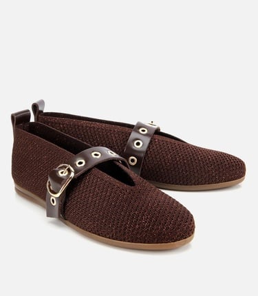  Kadın Kahverengi Örgü Detaylı Mary Jane Kemerli Babet