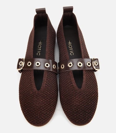  Kadın Kahverengi Örgü Detaylı Mary Jane Kemerli Babet