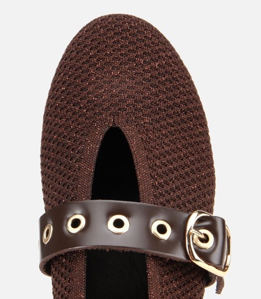  Kadın Kahverengi Örgü Detaylı Mary Jane Kemerli Babet