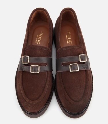  Kadın Süet Deri Kahverengi Kemer Detaylı Günlük Loafer