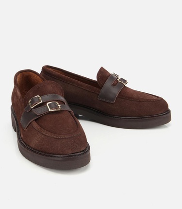  Kadın Süet Deri Kahverengi Kemer Detaylı Günlük Loafer