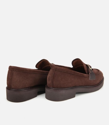  Kadın Süet Deri Kahverengi Kemer Detaylı Günlük Loafer