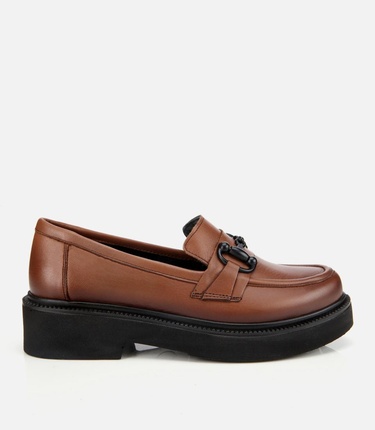  Kadın Deri Kahverengi Kalın Tabanlı Klasik Loafer
